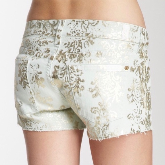 ⭐️7 for All Mankind⭐️Pastel Green Gold Metallic Print Denim Jeans Shorts Sz 24 - Picture 5 of 16